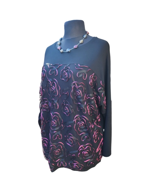 Bluzka wieczorowa - czarna koronka z haftowanymi kwiatami